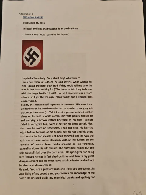 The Noah Papers, English page 4: The Nazi emblem, the Swastika, is on the briefcase